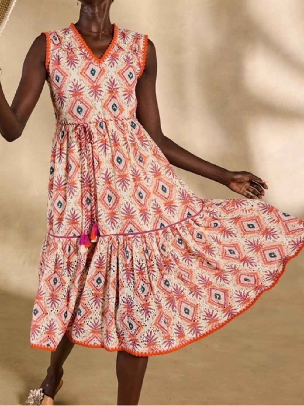 Sundance Annetta Dress Embroidered Cotton Sleeveless Midi Tiered Eyelet sz L